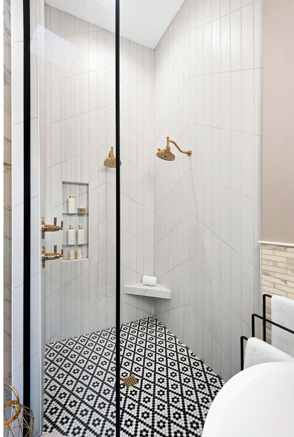 12-6-22-A-Modern-Bathroom-Mediterranean-Style-Home-P6 walk in shower with patterned tile in winter park fl